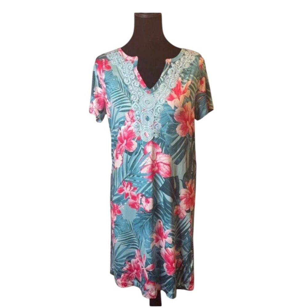 🌙✨ Caribbean Joe multicolored floral print short sleeve V~neck dress Size S
